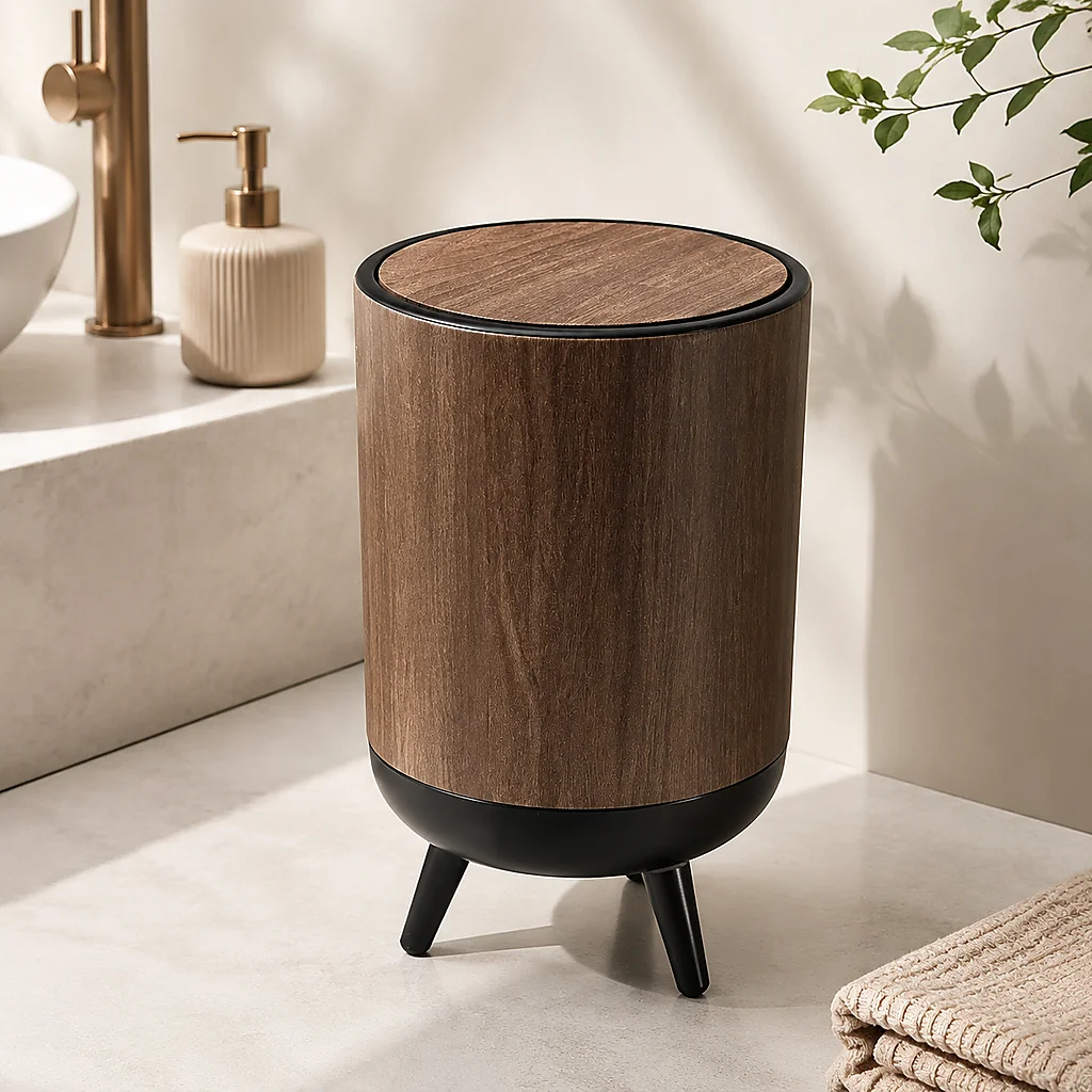 14L Walnut Wood Grain Pedestal Trash Can – Mid-Century Modern Swing Top Garbage Bin with Elevated Stand & Detachable Inner Bucket for Bathroom, Bedroom & Office