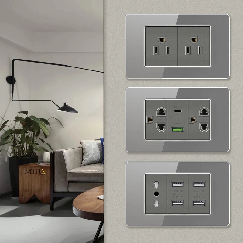 Italy Chile Socket with USB Smart Type-c 20W Fast Charging Glass Wall Electric Light Switch,Thai US Brazil Dual USB Power Socket