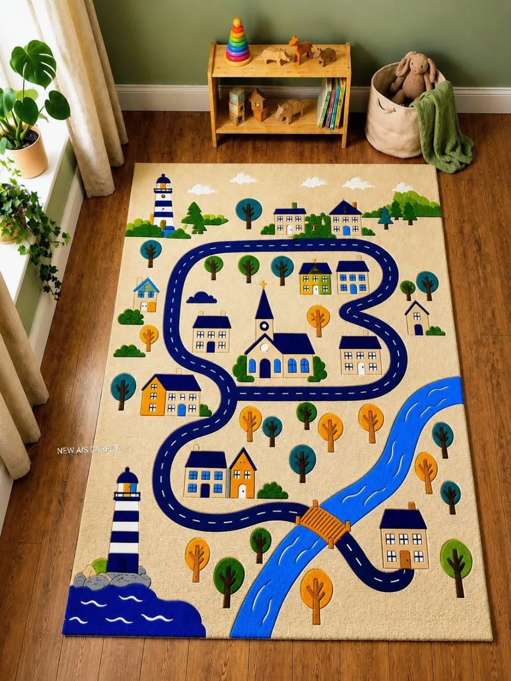 Living Room Mat Dual Black White Lighthouses Printed Large Rectangular Carpet S-Shaped Deep Blue Highway for Apartment Playroom