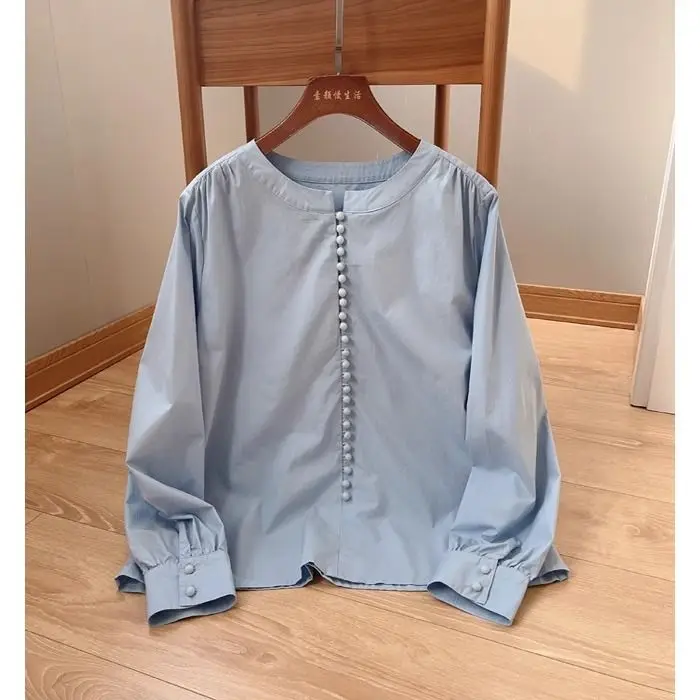 

Корейская женская рубашка с круглым вырезом цвета Haze Blue, нишевая модель ручной работы из хлопка, универсальная
