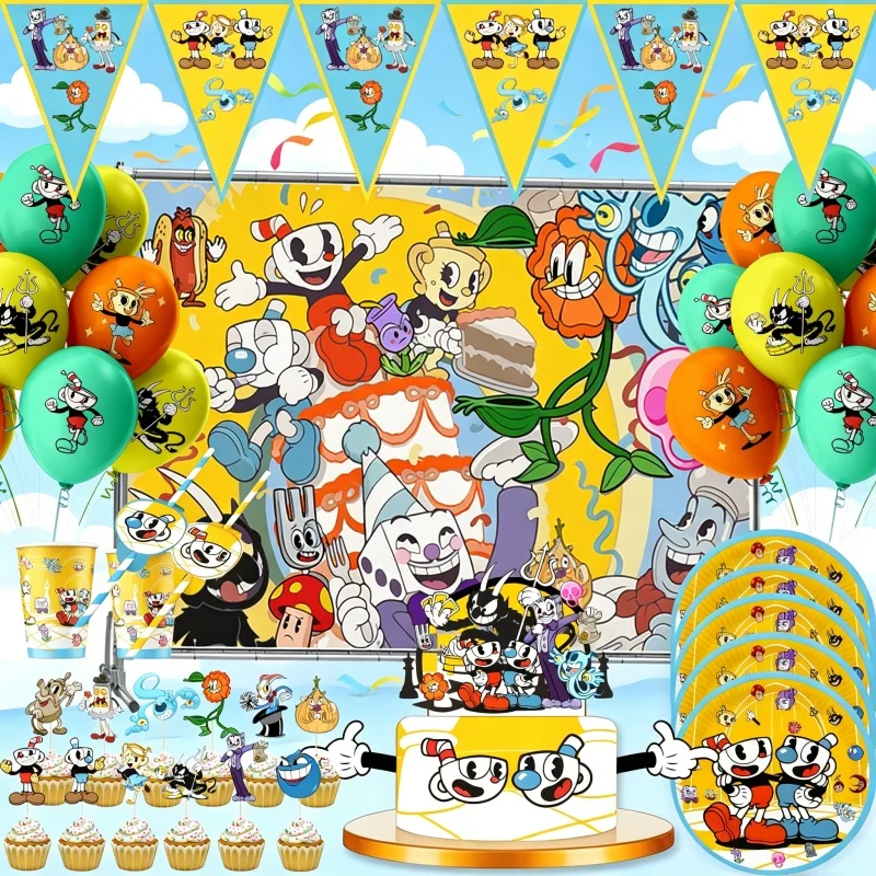 Image of Cuphead Einweg-Picknick-Set Tragbare Outdoor-Party-Ausstattung Trinkhalme Pappteller Becher Vielseitiges Geschirr-Set