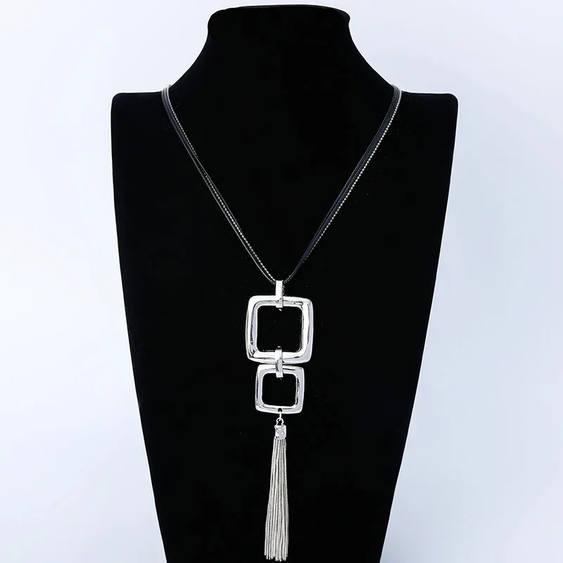 

Kaseakia Double Square Metal Pendant Tassel Sweater Chain Long Necklace for Women