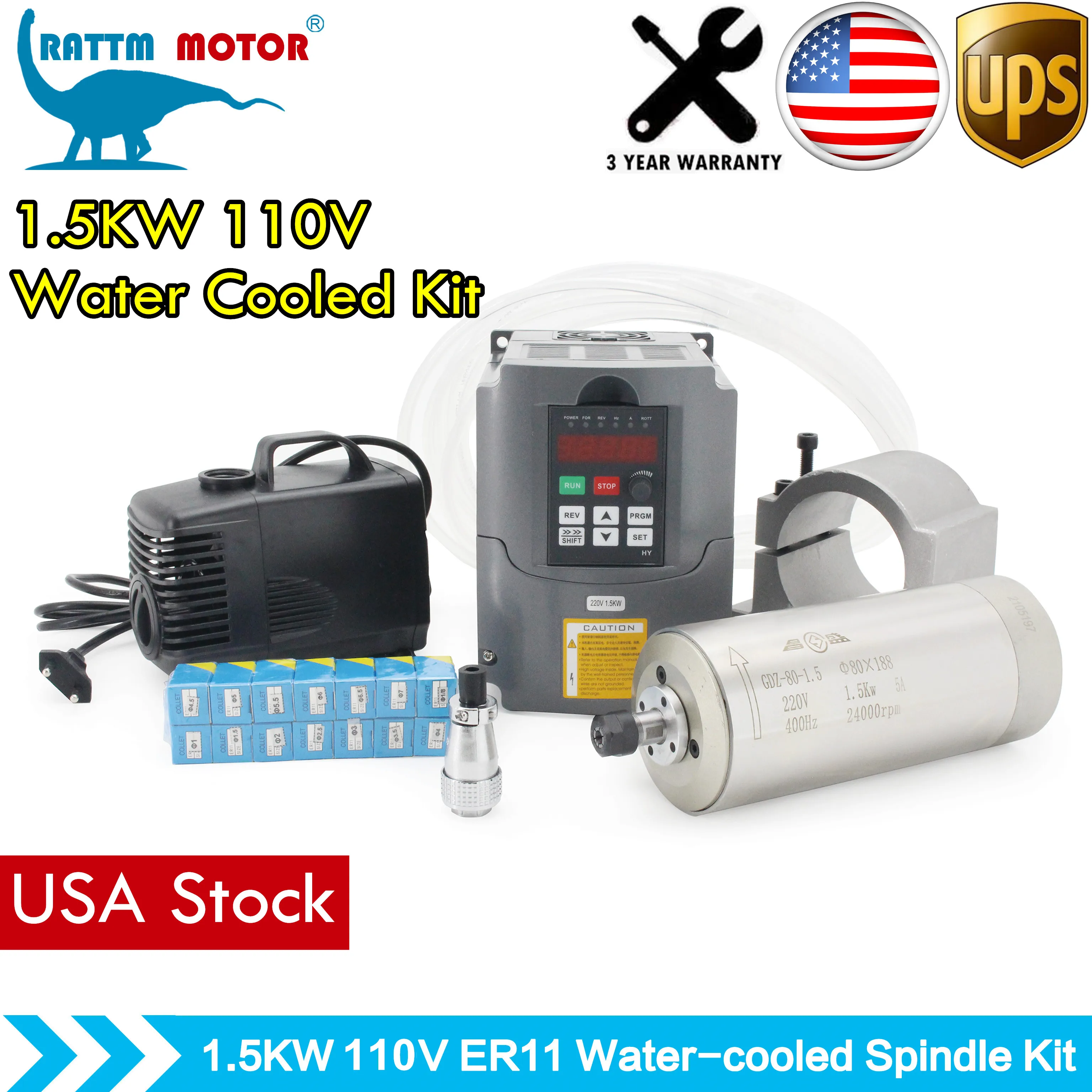 

【USA】1.5kw ER11 Water cooled spindle 24000rpm 400Hz 3 bearings 80mm & 1.5kw HY VFD/ Inverter & 80mm bracket & 80W Pump & Pipe