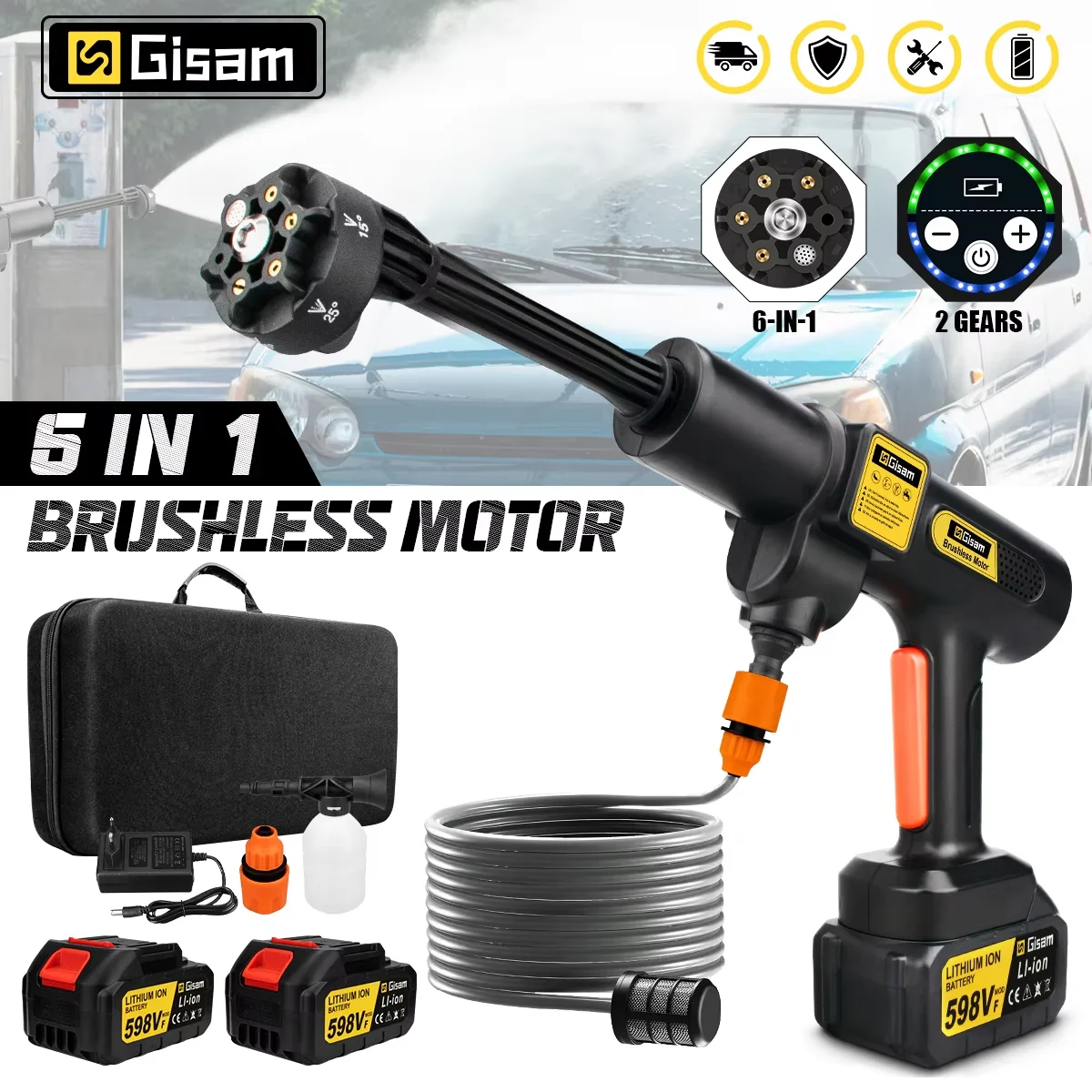 Gisam 200Bar Brushless Electric High Pressure Washer Gun 2Gear Power Home Car Washing Water Spray Gun for Makita 18V Battery Pin