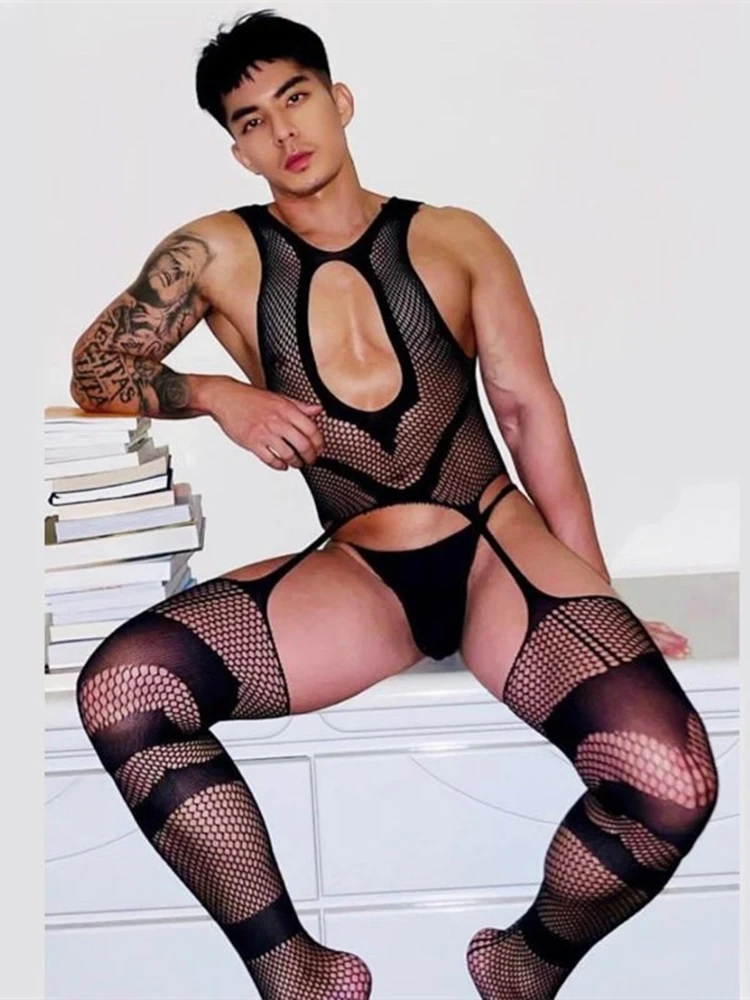 Sexy Lingerie Men Fishnet Bodystocking Open Bra Crotchless Underwear For Sex Lace Transparent Lingerie Bodysuit Erotic Mujer