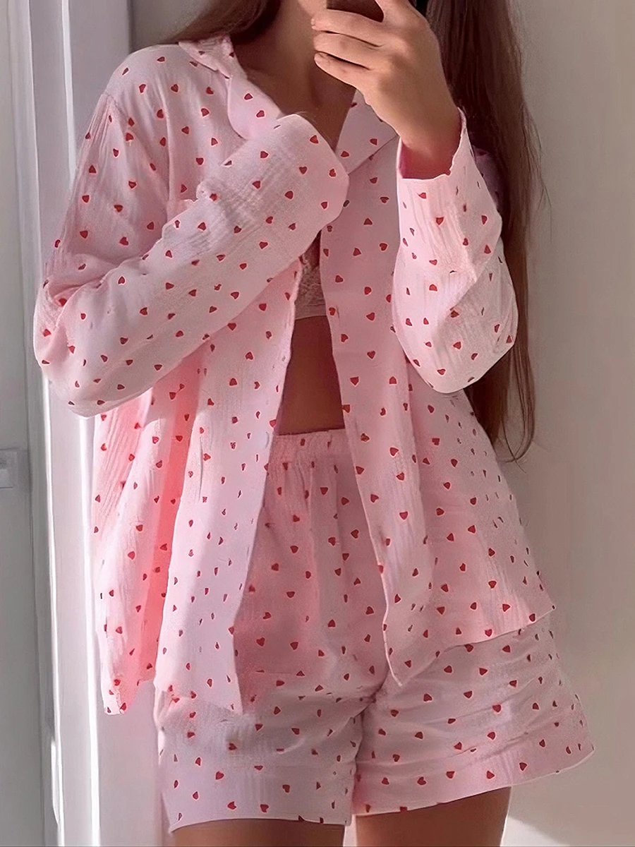 Women 2pcs Home Suit Loose Fitting Pajama Set Long Sleeved Heart-Shaped Printed Button Shirt Top+Elastic Shorts Set Casual Wear