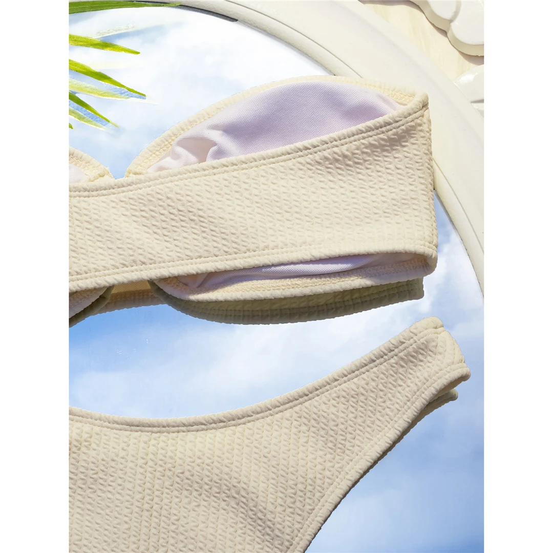 Gefalteter, geknitterter Bandeau-Brazilian-Bikini, Damen-Badeanzug, zweiteiliges Bikini-Set, Badebekleidung, Badeanzug, Schwimmbekleidung V6394 – Detail 10