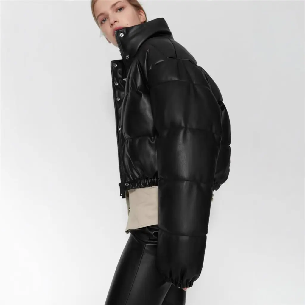 

Women's Winter Fashionable Solid Color PU Jacket Small Stand Collar Cotton-Padded Casual Coats European American Style