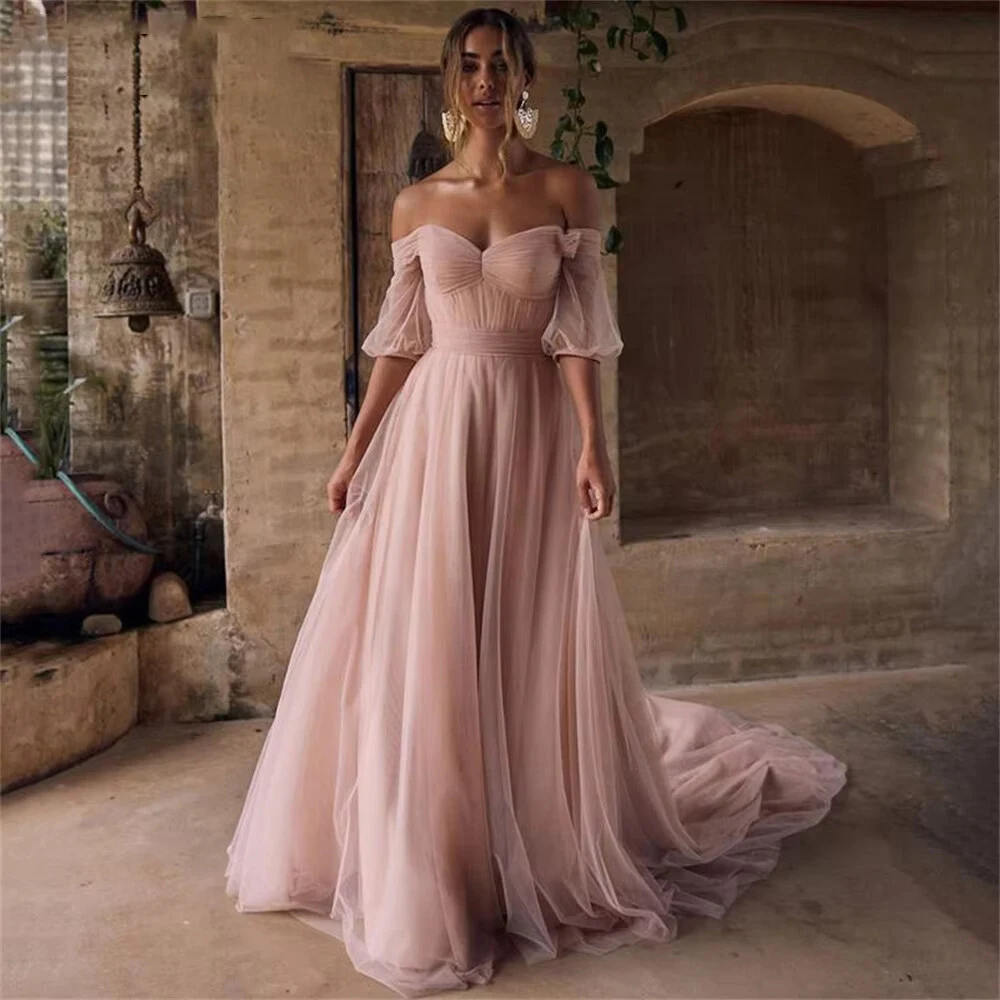 

Customized Pink Prom Dresses Women A Line Short Sleeves Tulle Evening Dress HIgh Split Vintage Women Formal Party Wedding Gowns