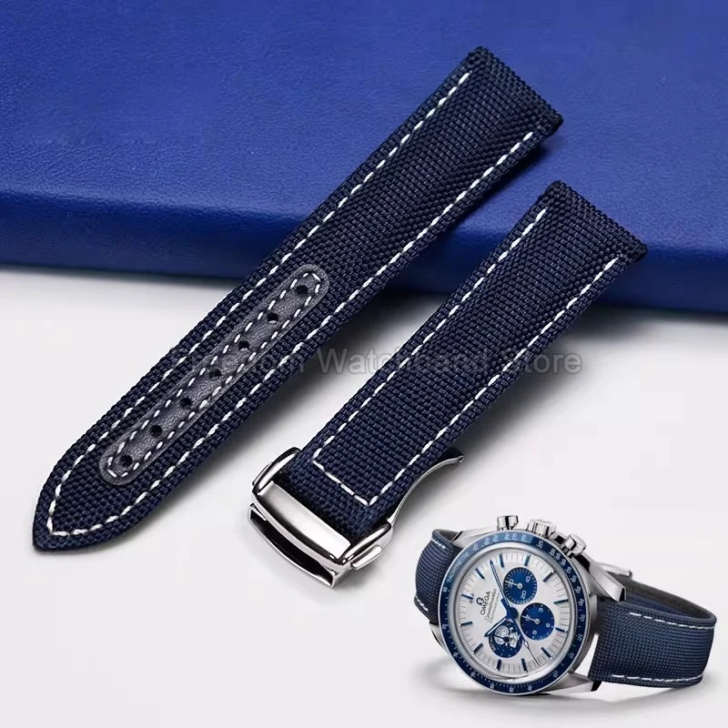Color Fast Durable Daily Wear Comfortable Flat Interface Nylon Watchband for Omega Speedmaster Swatch 20mm 21mm 22mm Black Blue