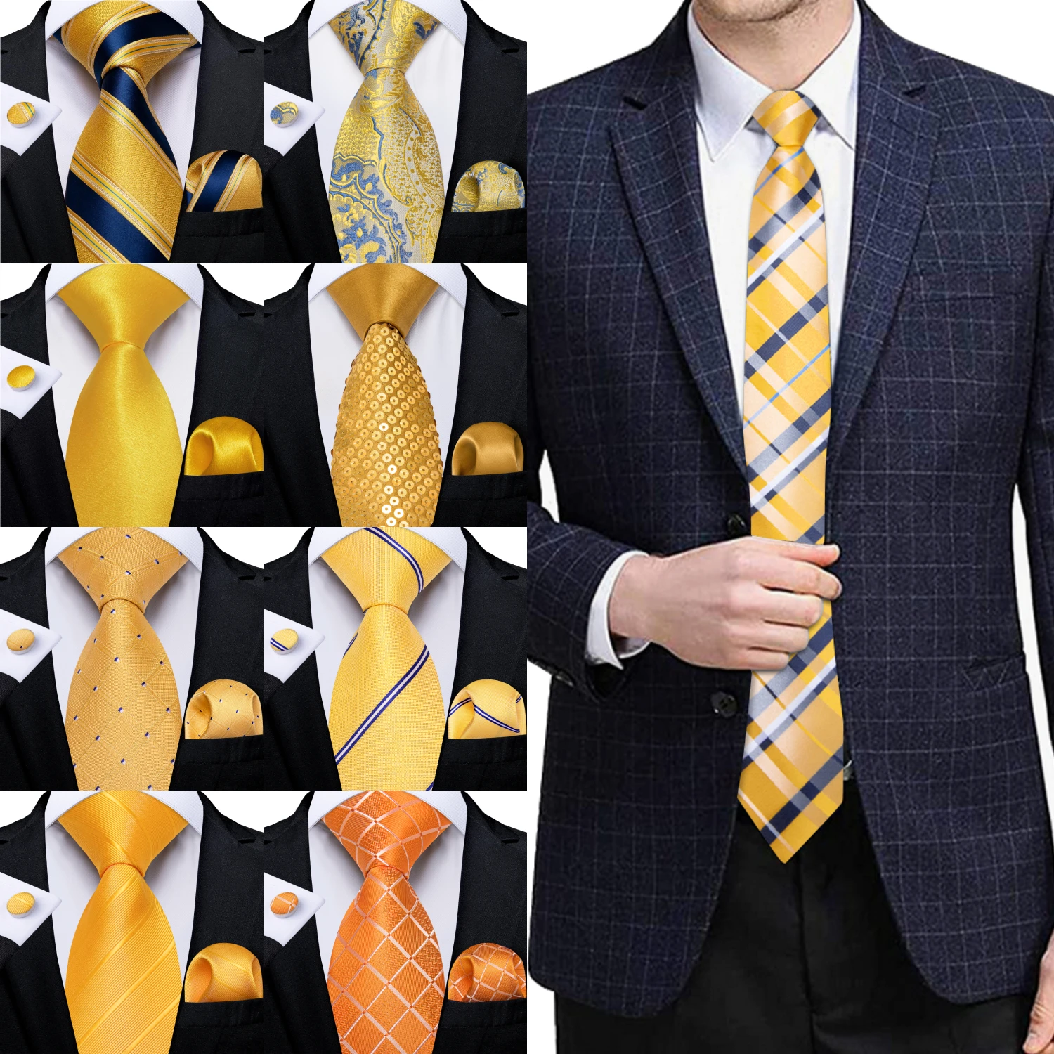 Orange Yellow Ties for Men Striped Paisley Floral Wedding Party Formal Necktie Handkerchief Cufflinks Gift Dropship