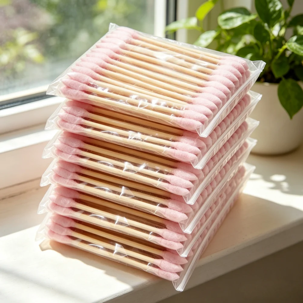 7.5cm Pink Bamboo Cotton Swabs with Pink Double Pointed Tips, Disposable Cosmetic Cotton Buds for Ear Cleansing, Makeup Touch Up