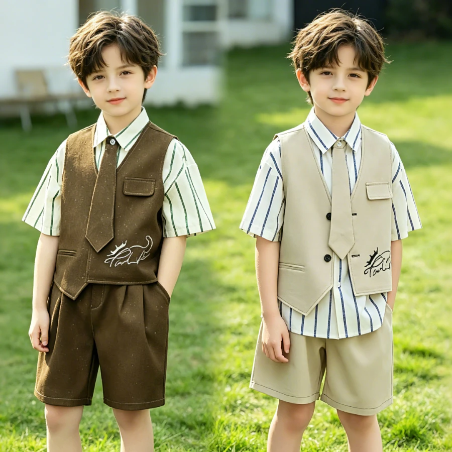Boys Summer Formal Suit Set with Signature Print Kids Gentleman Outfit for Wedding Birthday Party Short Sleeve Shirt Vest Shorts