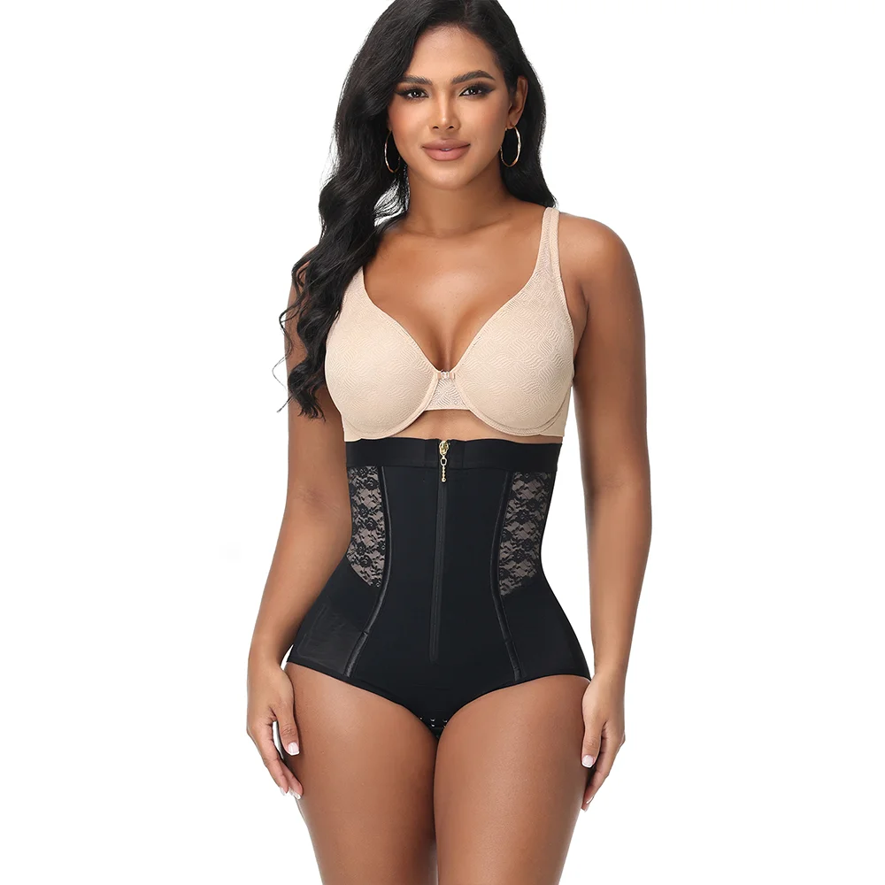 High Waist Colombian Fajas Zipper Tummy Control Lace Mesh Butt Lifter Triangular Shapewear Panties