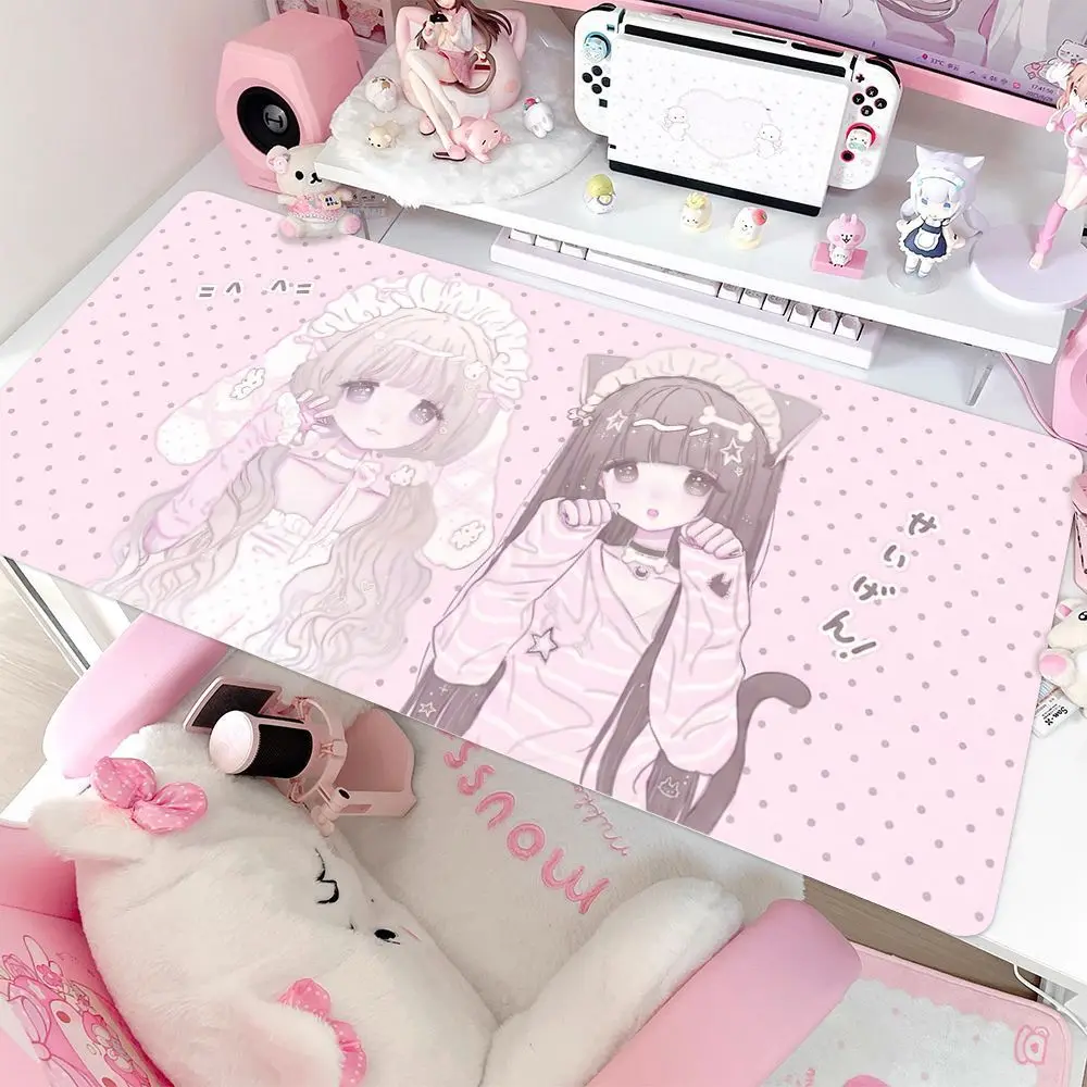 Leather Desk Pad Protector Polka Dot Japan Anime Pink Girl Y2K Mouse Pad Office Desk Mat Waterproof Non-Slip PU Desk Blotter Pad