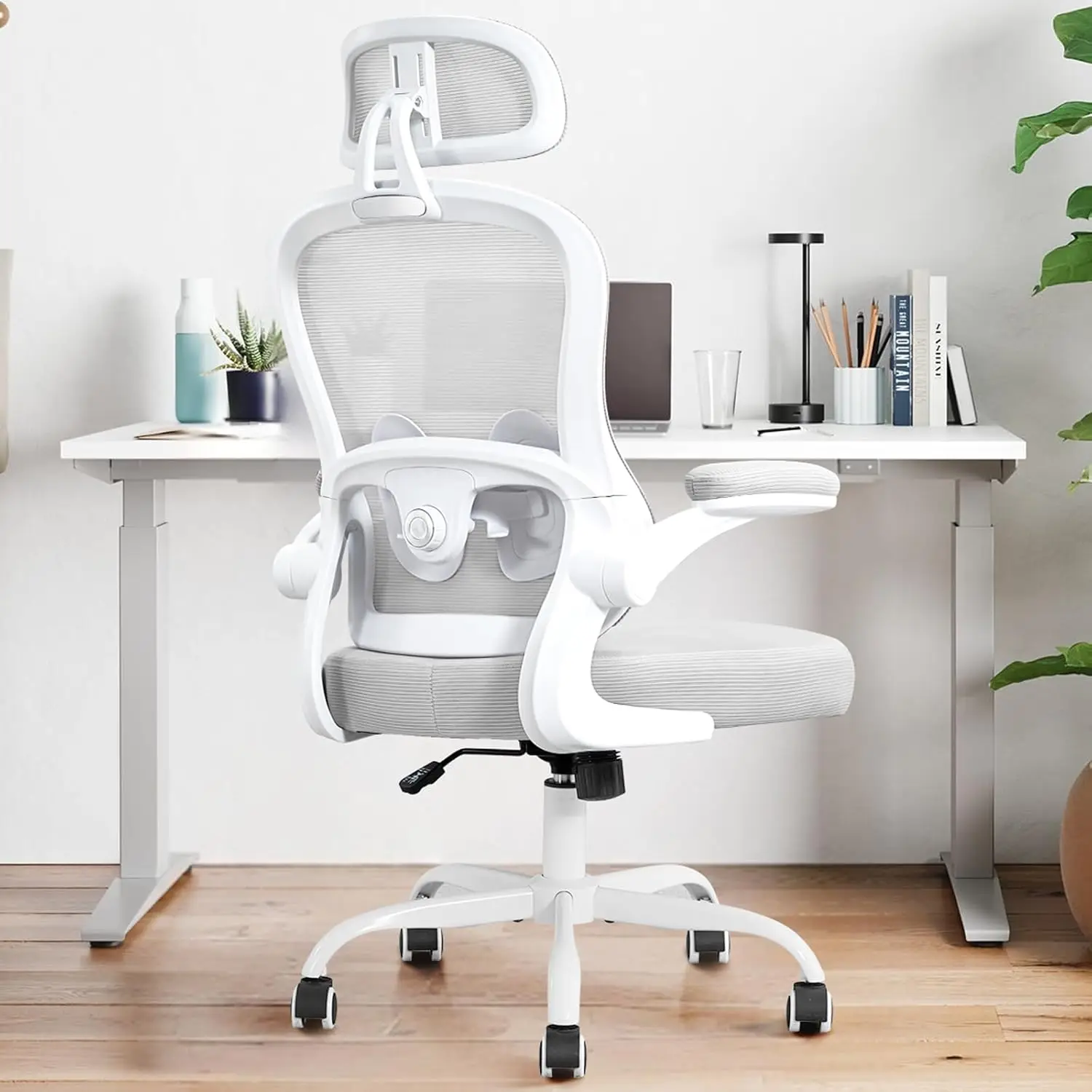 Ergonomic Office Chair with Lumbar Support, Headrest, Spring Cushion, Rocking, Flip-up Arms, Mesh, Grey