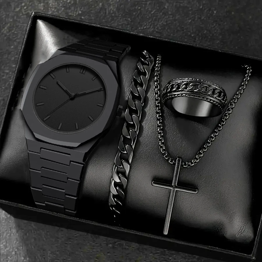Men's 4PCS Watch Set Fashion Casual Black Resin Quartz Watch Free Necklace Bracelet Rings
