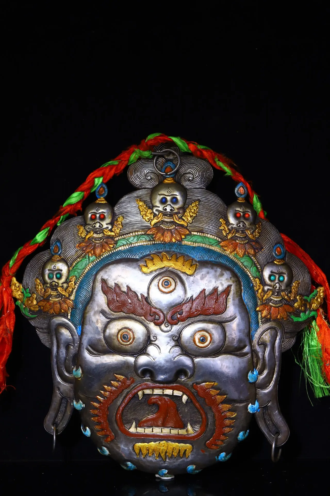 13"Xizang Folk  Tiantie Mosaic Gem Skull Mahakala Buddha Head Mask hanging  screen Town house Exorcism view 4