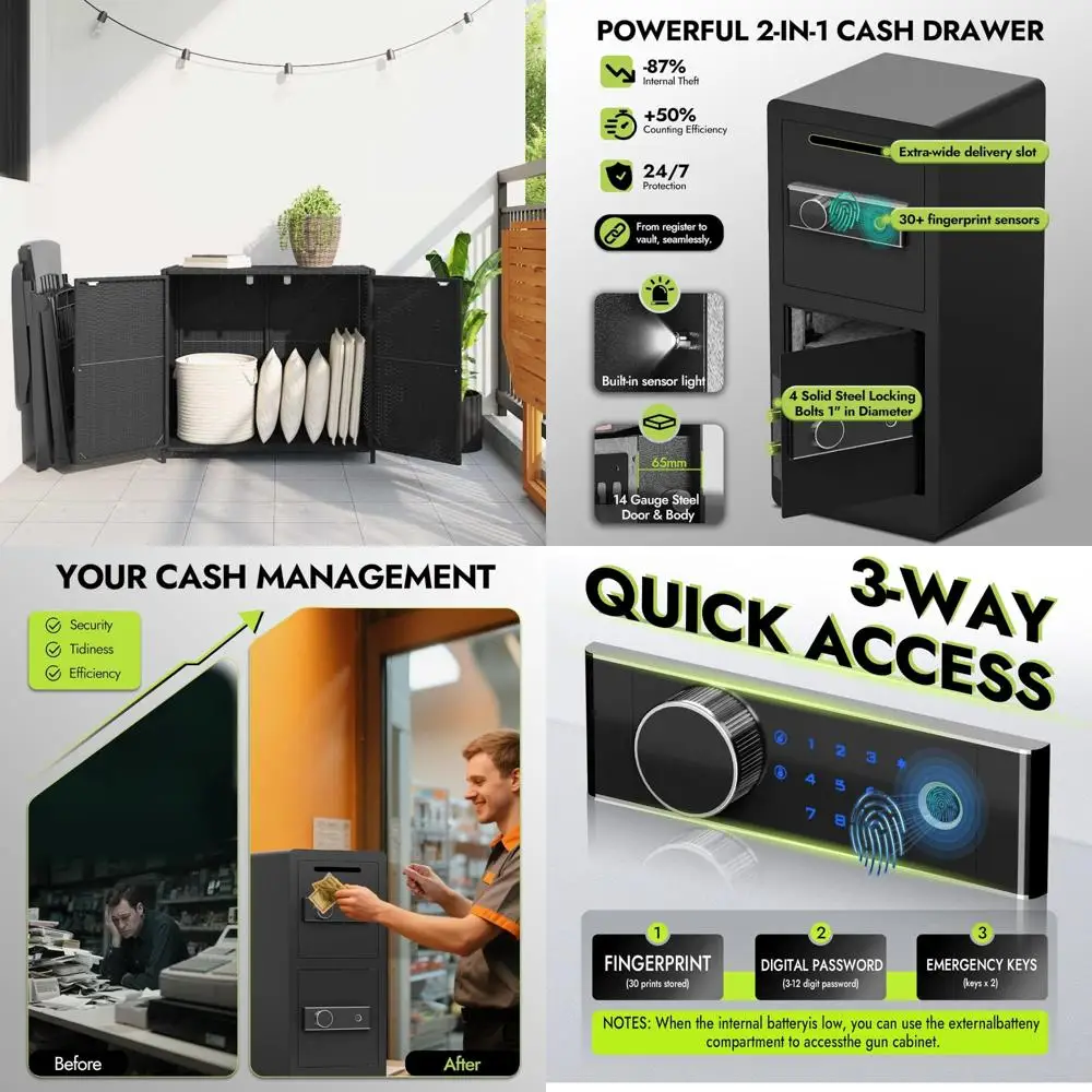 ตู้เก็บของกลางแจ้งขนาดกลางสีดำที่ทนทานพร้อมหวาย PE เหมาะสำหรับใช้ในสวนและลานบ้าน