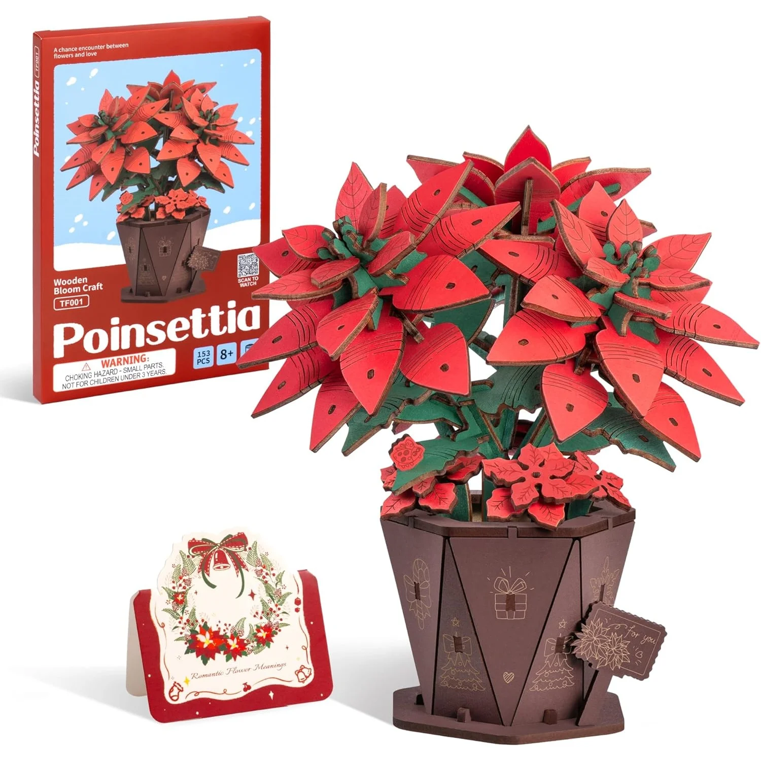 Rolife Artificial Flower Wooden 3D Puzzle Poinsettia DIY Model Building Kit for Home Decor Mother's Day Valentine's Day Gifts