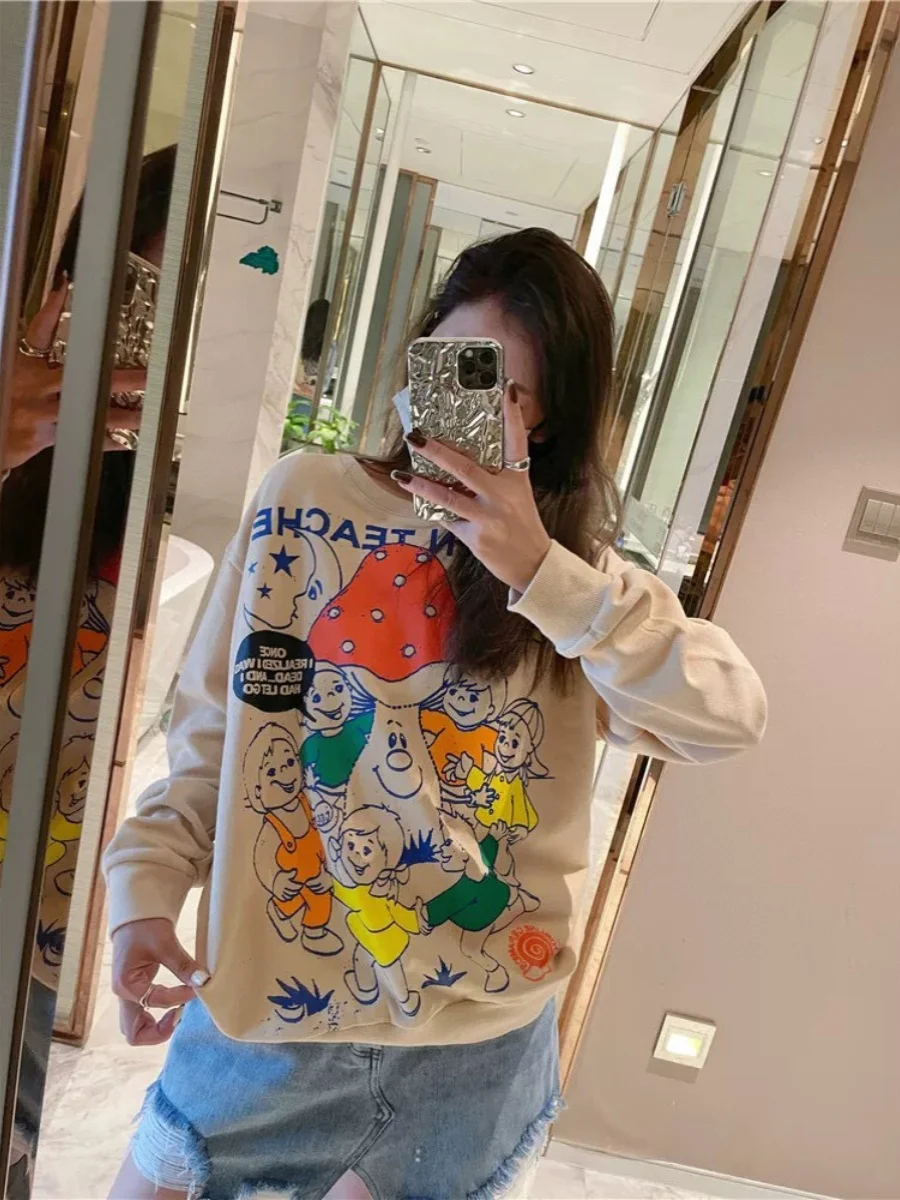 

Jimo Women's Mushroom Foaming Sweatshirt Loose Fit Pure Cotton Long Sleeve round Neck Commuter Style Autumn New Arrival