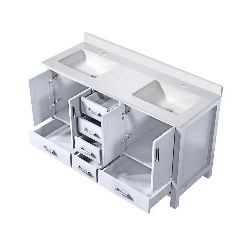 حمام مزدوج أبيض مقاس 60 بوصة مع سطح كوارتز أبيض، عمق 22 بوصة لتخزين الحمام الأنيق #5