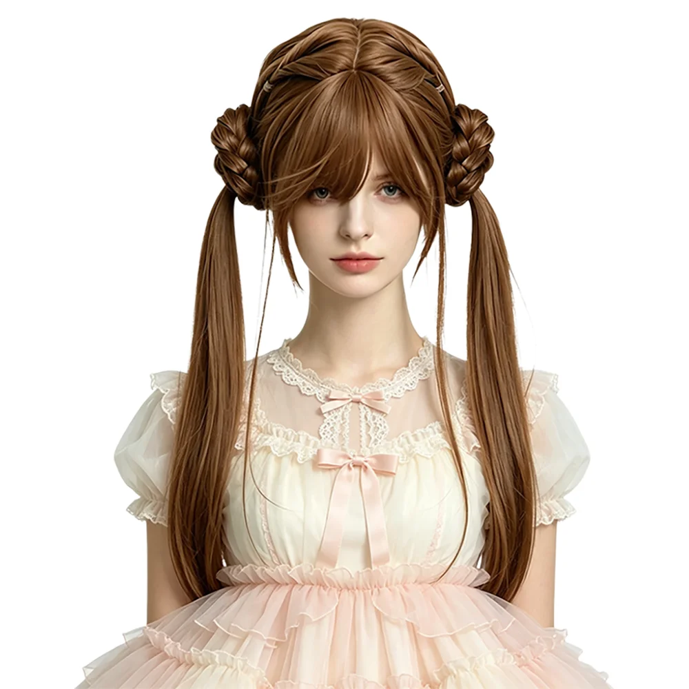 Anime Lolita Cosplay Wig Long Chestnut Brown Braided Buns Double Ponytails Synthetic Hair For Women Halloween Costume Party