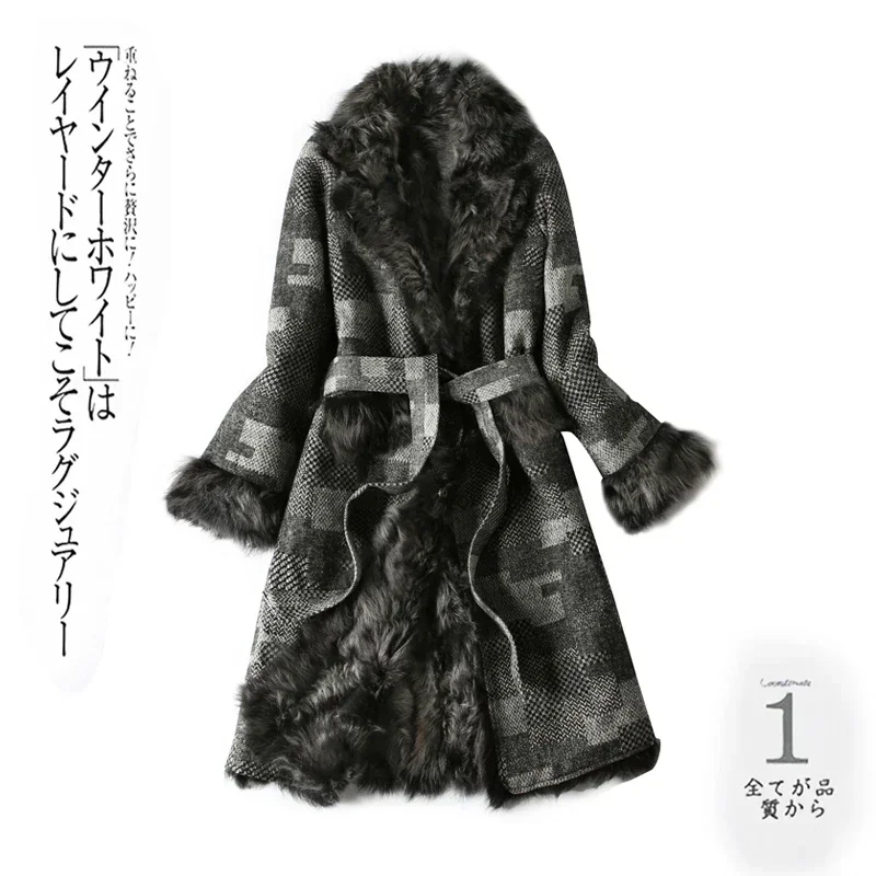 Luxury Women\'s Fur Coats Natural Sheep Fur Liner Woolen Coat Female Long Plaid Warm Winter Jacket Women 100% Wool Parka Top 1016