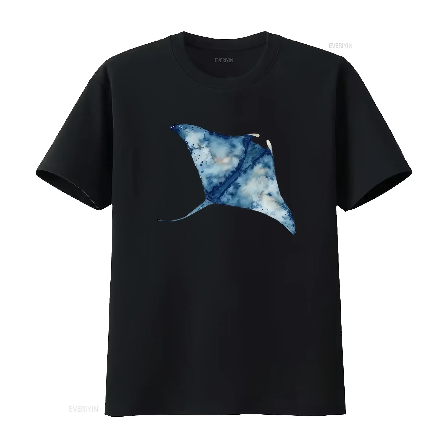 Watercolor Blue Manta Ray Ocean Marine Animal Casual Print T Shirt vintage Washed Soft Versatile homme graphic fashion Unisex
