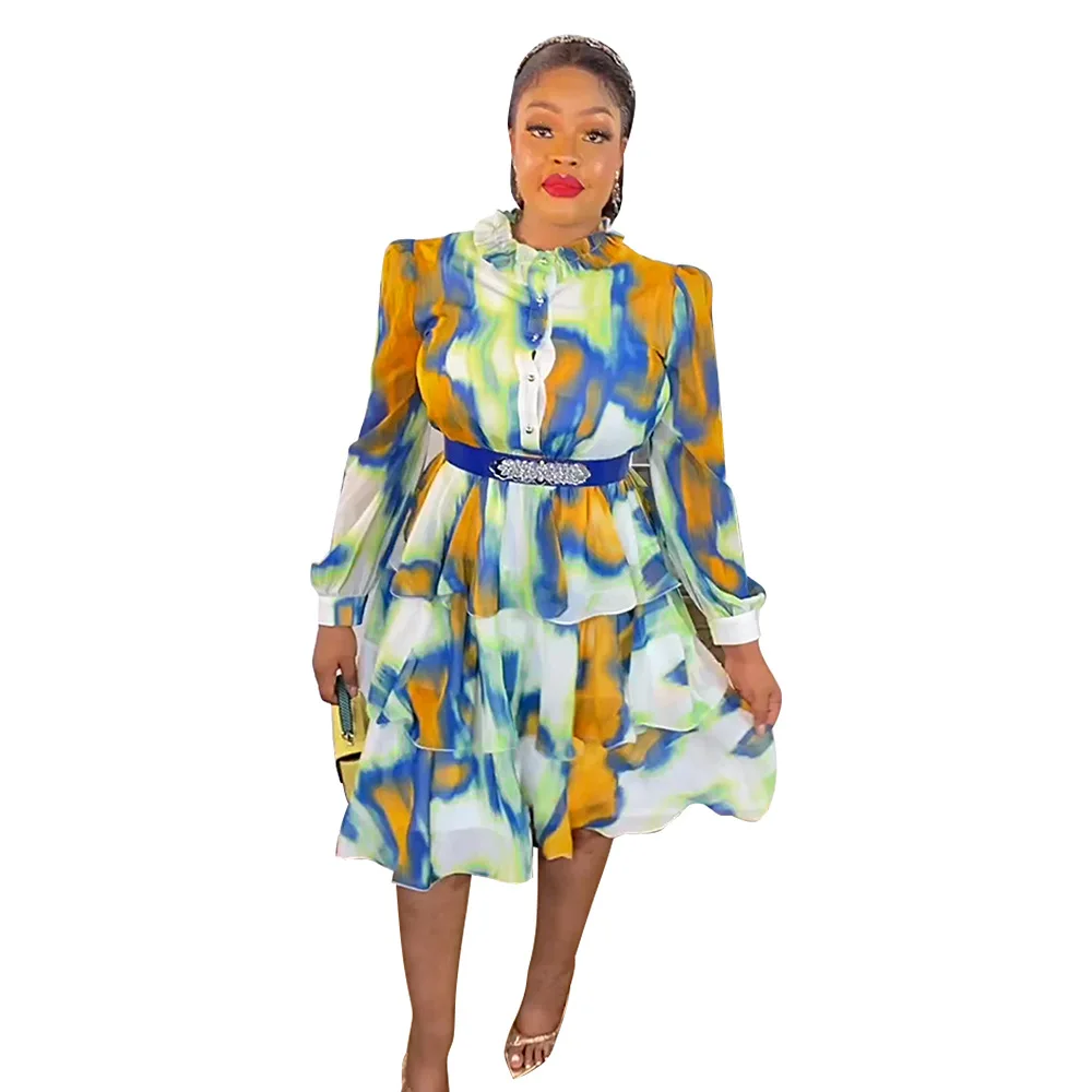 

African Chiffon Dress Women Cascading Ruffle Full Sleeve Robes Autumn New Tie Dye Print Elegant Office Lady African Shirt Dress