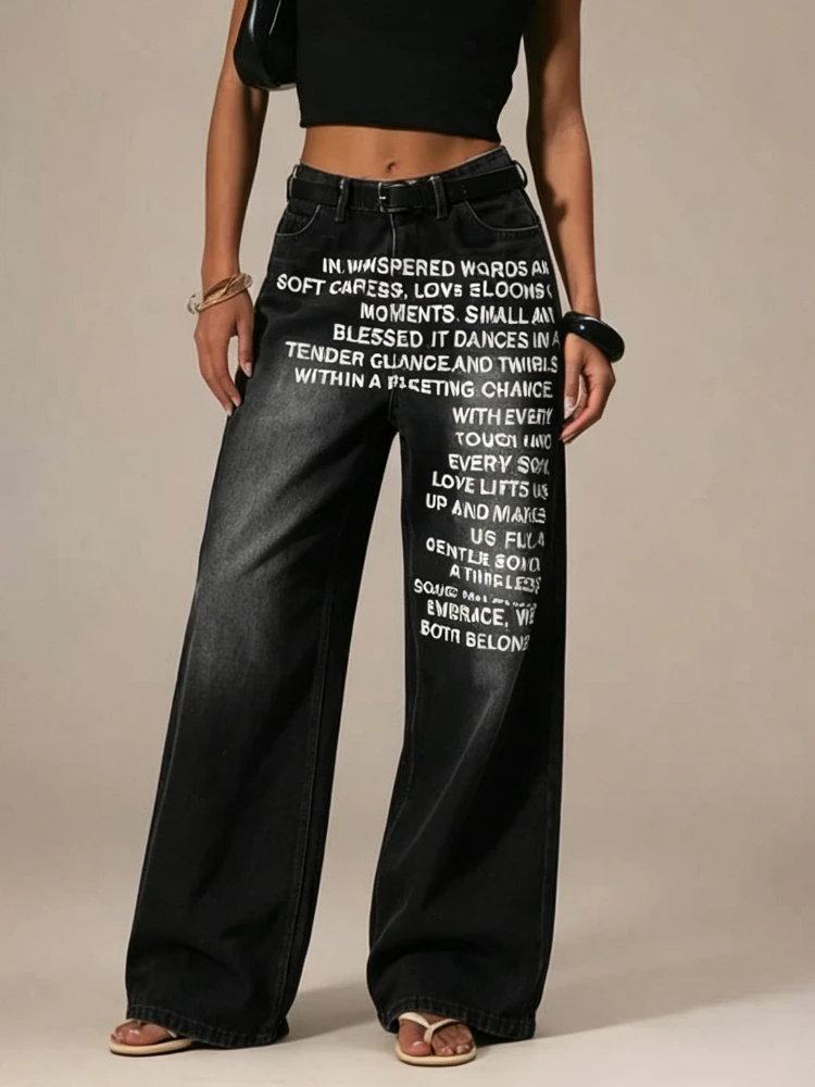 Y2K Women Vintage American Letter Print Baggy Jeans Gothic Harajuku Hip Hop Streetwear Wide Leg Denim Pants Casual Trousers