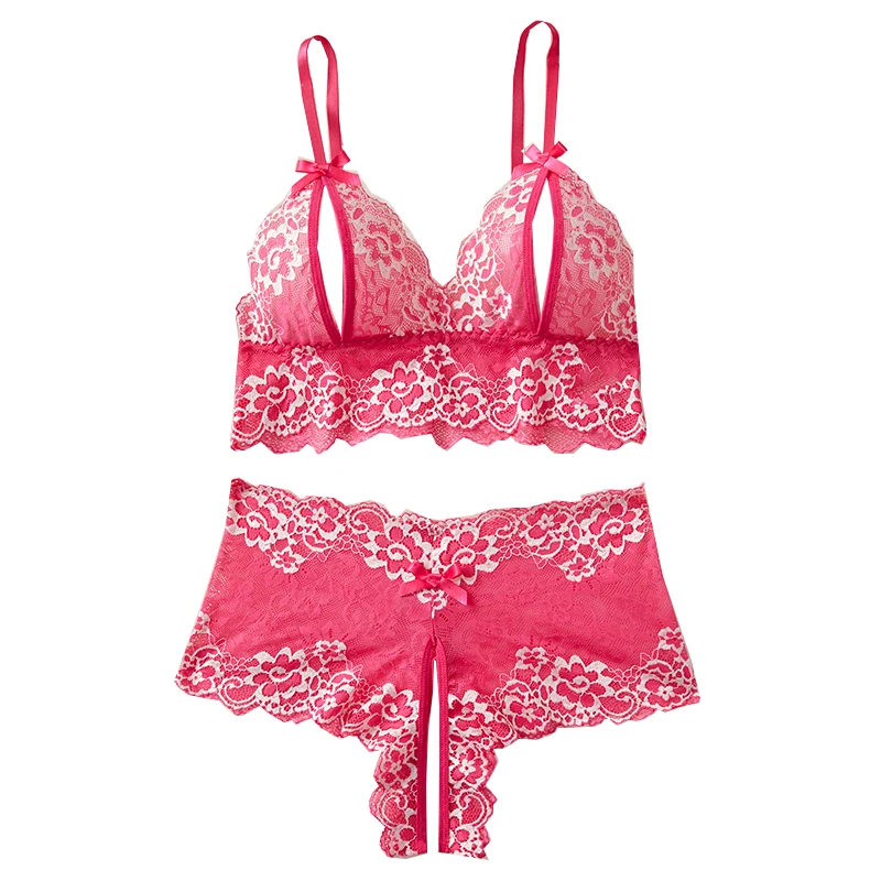 Semi Transparent Contrast Color Lace Sexy Lingerie Open Chest Bra Crotchless Women's Panties Sets For Romantic Scenes Outfits