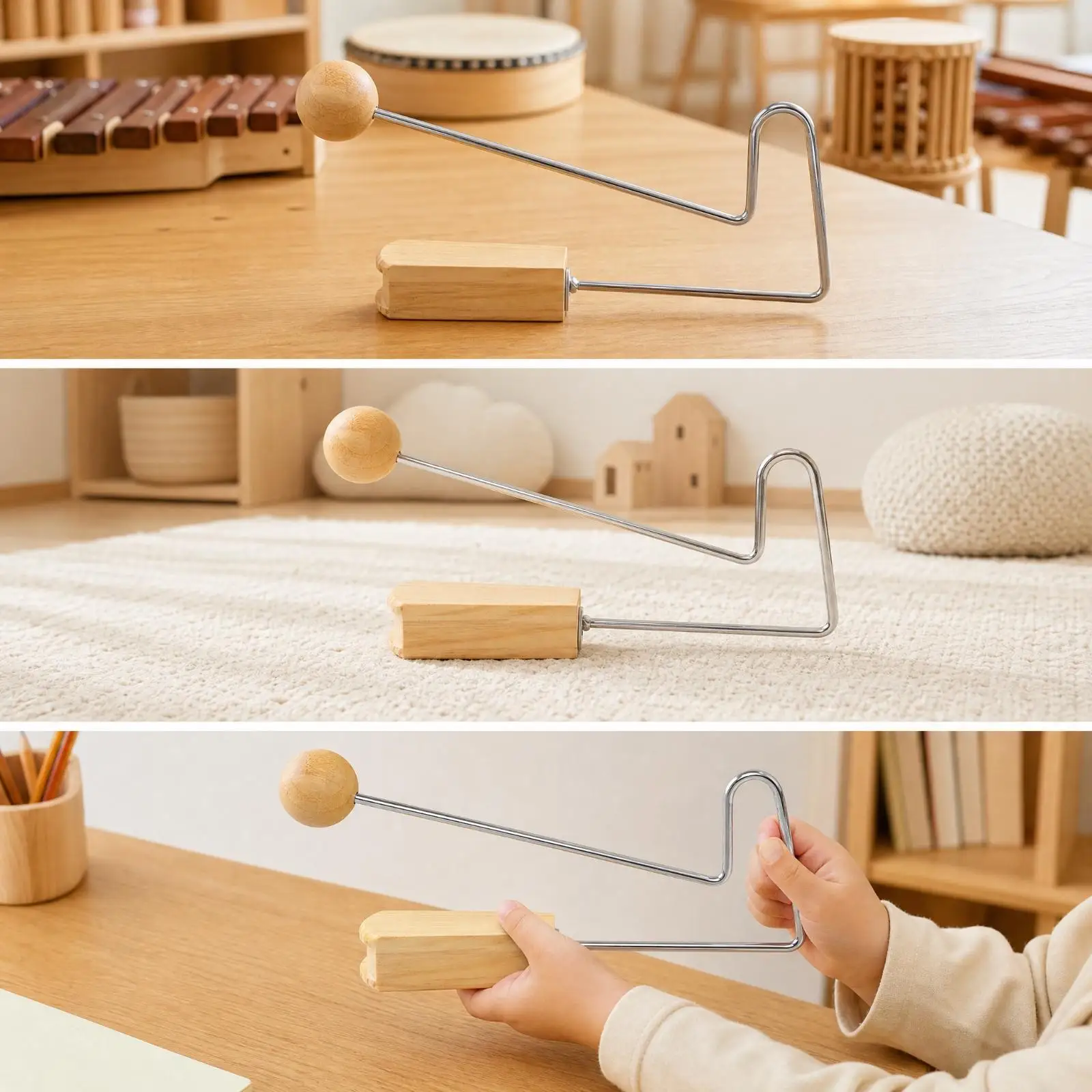 Natural Wood Shaker Percussion Tool Stainless Steel Rod Musical Rattle for Early Childhood Music Education