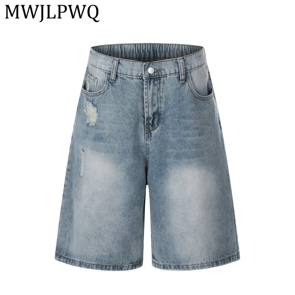 

Винтажные джинсовые шорты MWJLPWQ в уличном стиле, рваные, свободного кроя, для мужчин, в стиле панк, с эффектом потертости, летние, новые, прямые, широкие брюки 14431