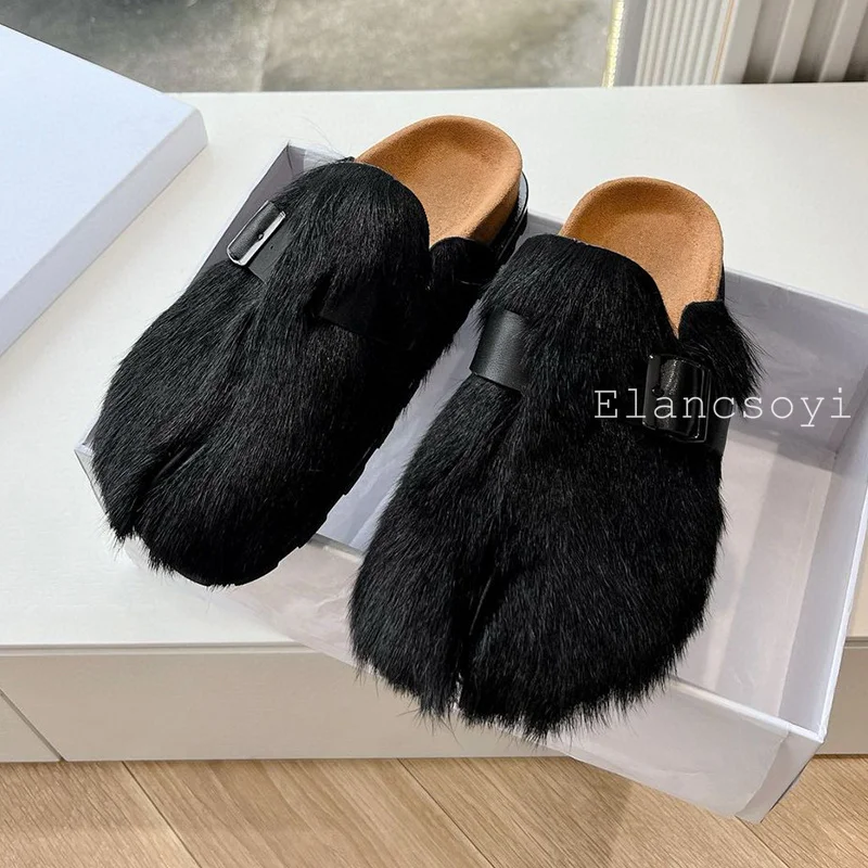 Spring Autumn Split Toe Closed Toe Hairy Slippers Women Thick Bottom Metal Belt Buckle Lazy Mules Female Leisure Vacation Shoes