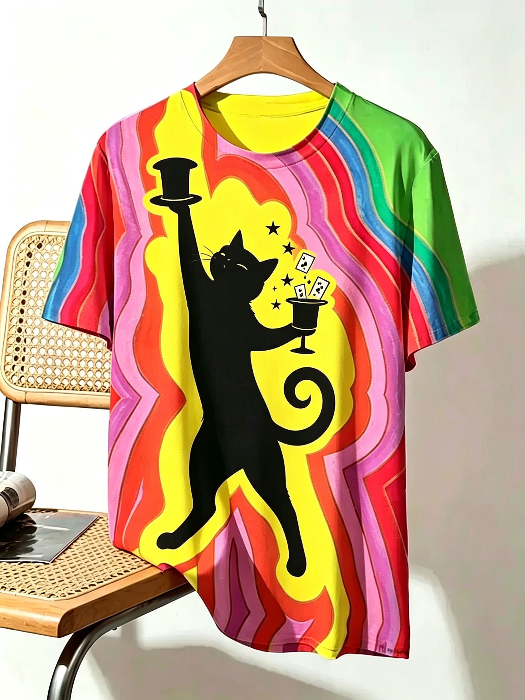 Funny 3D Rainbow Gradient Magician Cat Print Men's T-shirt Fashion Cool Daily Party Short Sleeve T shirt Y2k Top Summer Clothing