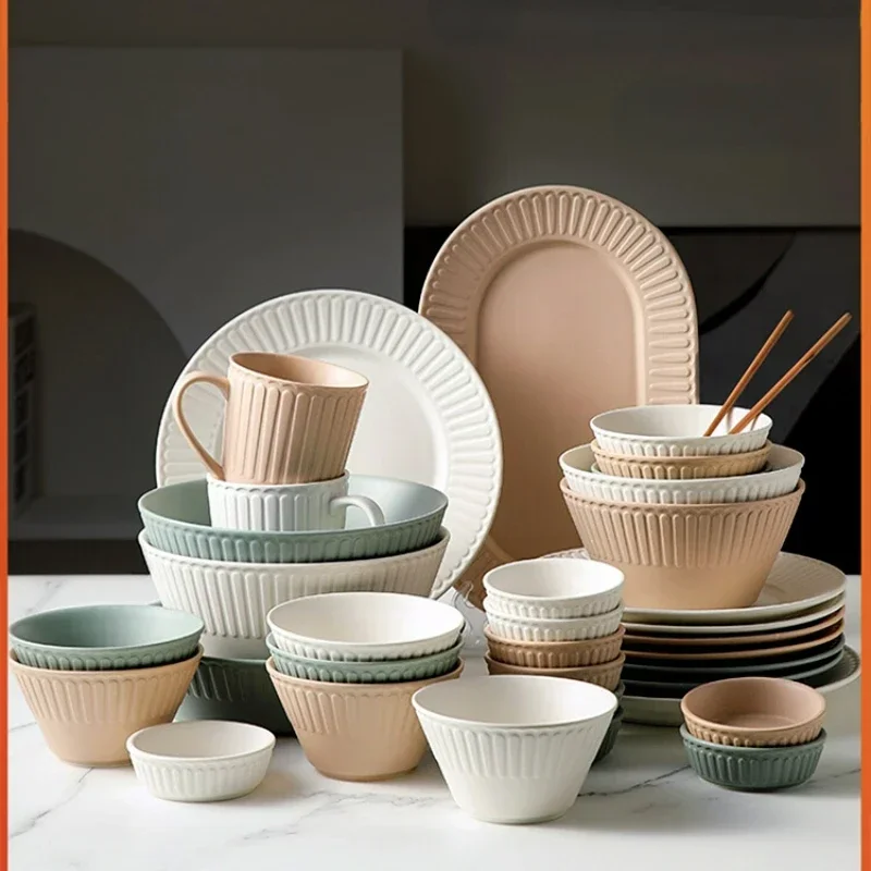 

Morandi Color Ceramic Dish Set, Nordic Style Dinnerware, Retro Home Plates and Dishes, Color Glaze Craft Tableware Set.