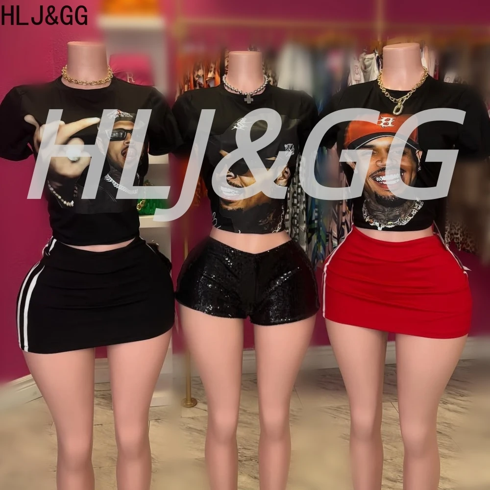 HLJ&GG Y2K Black Fashion Pattern Print Mini Skirts Two Piece Sets Women Round Neck Short Sleeve Top And Skirts Outfits Outfits