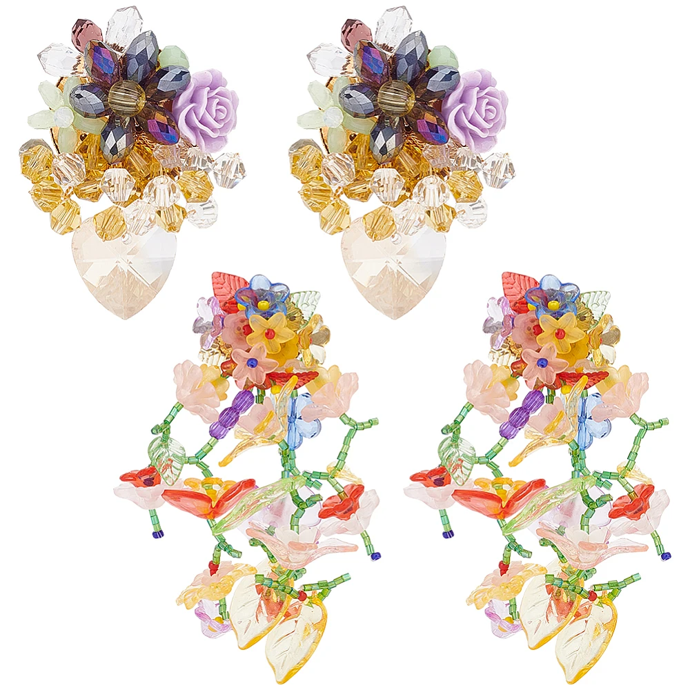 2 Pairs Acrylic Tassel Earrings for Women Resin Cluster Stud Earrings Colorful Leaf Flower Earring Exaggerated Bead Rainbow