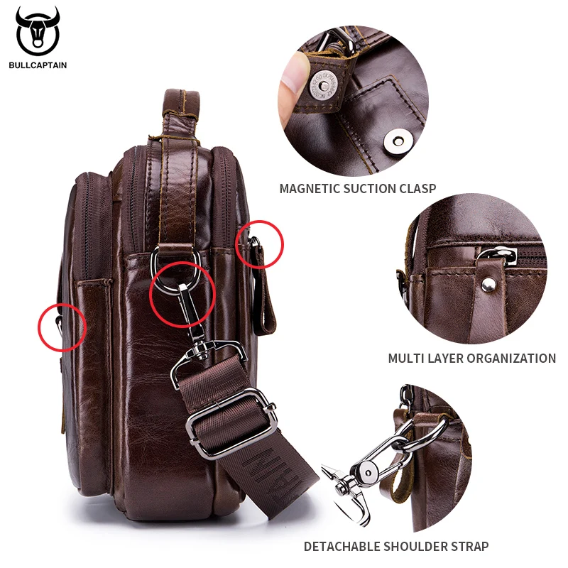 BULLCAPTAIN-Bolso cruzado de cuero genuino para hombre, maletín informal de negocios, bandolera de hombro, nuevo