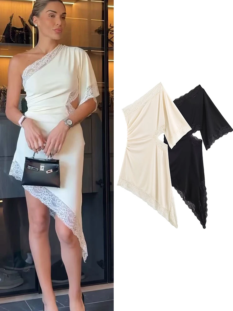 TFMLN Lace Asymmetric Dress For Women Sexy Cut Out Design One Shoulder Sleeve Luxury Dress  Elegant Off Shoulder Party Dress