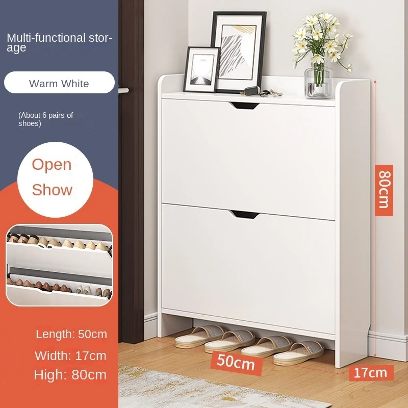 Ultra-Thin Tipping Shoe Cabinet Vertical Shoe Storage Organizer With 2 Flip Drawers Thickened Artificial Board Shoe Rack Cabinet