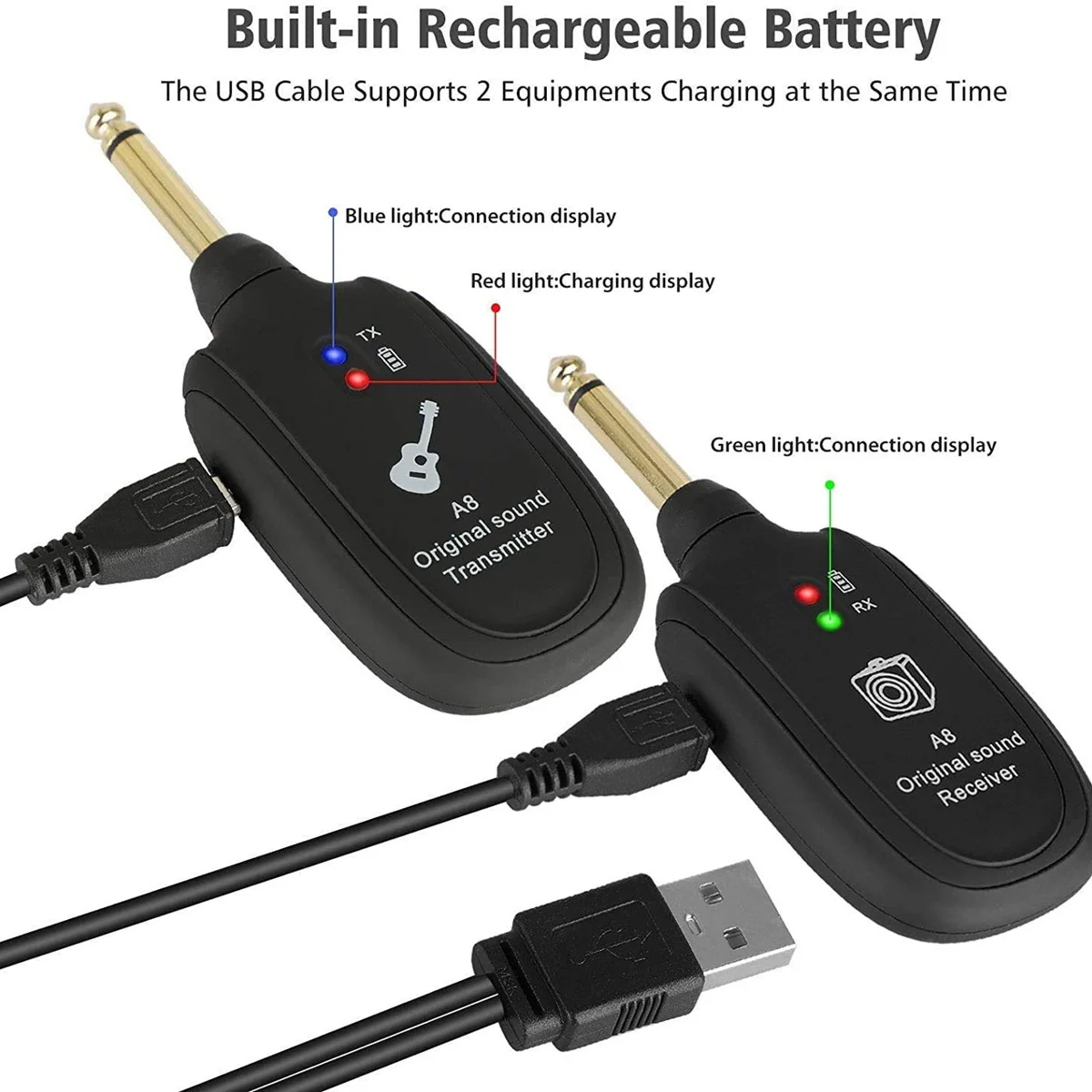 Sistema inalámbrico de guitarra, transmisor receptor recargable de transmisión acústica de 20Hz-20KHz para bajo de guitarra eléctrica