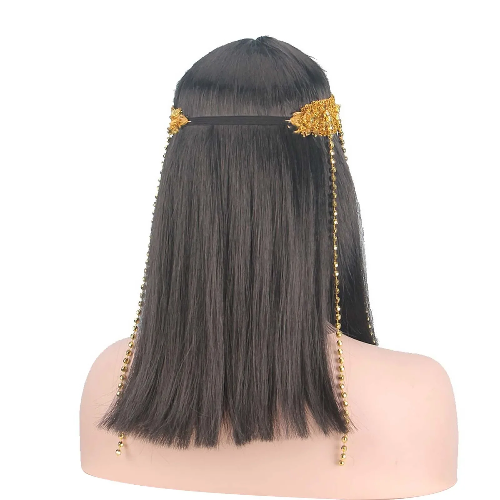 Cleopatra Egyptian Queen Wig Fringe Beads Snake Headband Blunt Bangs Straight Hair Wig With Headwear Halloween Cosplay Accessory