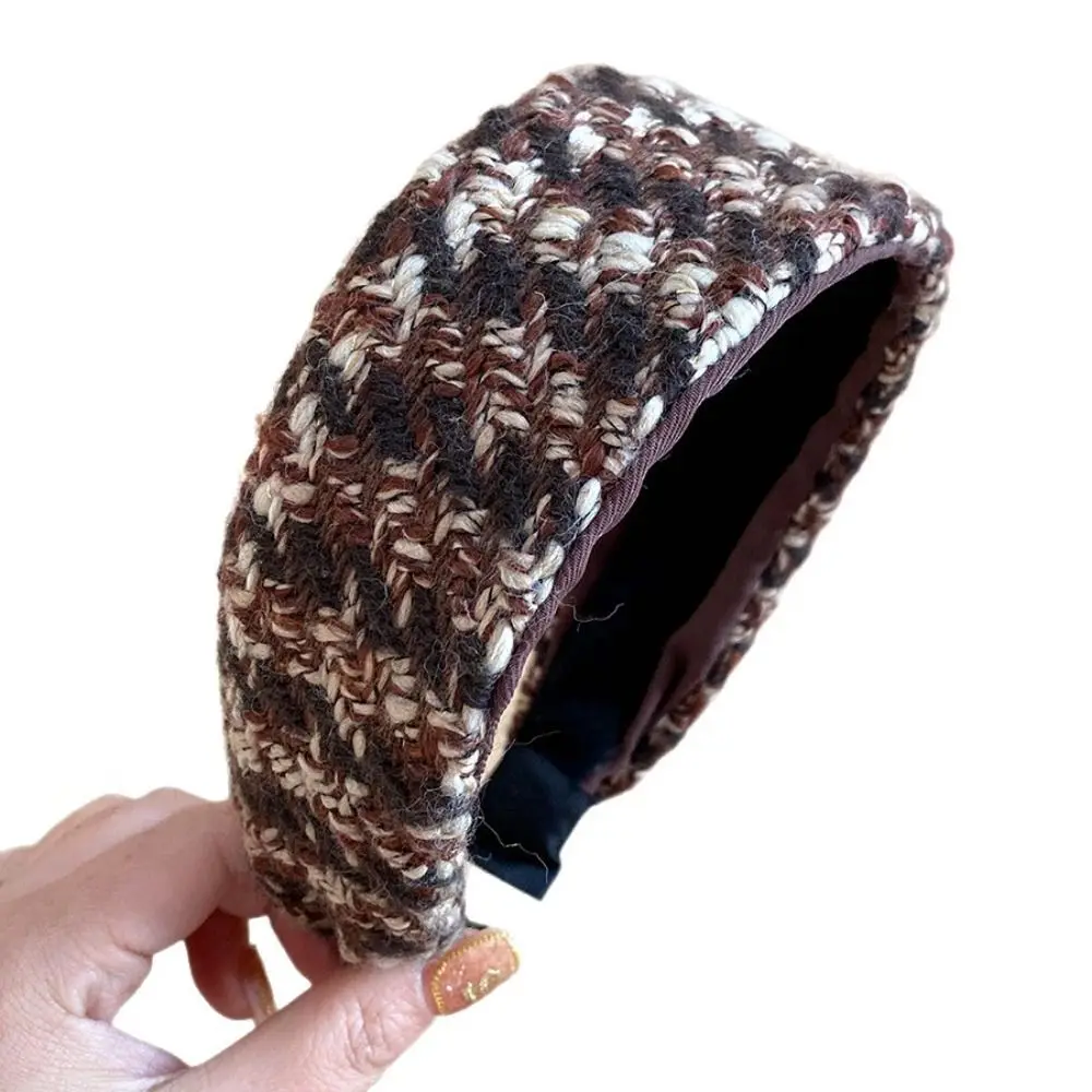 Mixed Color Wide Brim Hairband Tweed Knitted Anti-Slip Braided Headband Handmade High Skull Top Turban Headband Autumn Winter