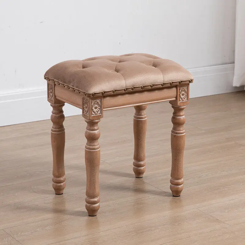 Solid Wood Carved Vanity Stool American Style Makeup Bench Princess Dressing Room Ottoman Versatile Entryway Hallway Shoe Bench