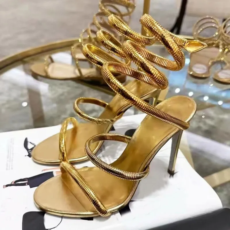 Liyke Summer Sexy Snake Twine Around Strap Women Sandals Narrow Band Open Toe Thin High Heels Party Stripper Shoes Zapatos Mujer