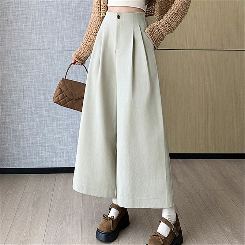 Seoulish pantaloni da donna alla caviglia in tinta unita 2024 autunno nuovo cotone lavato a vita alta gamba larga pantaloni Casual a nove punti femminili