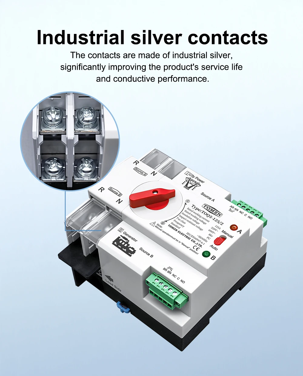 TOMZN Single Phase Din Rail ATS 220V Dual Power Automatic Transfer Electrical Selector Switches Uninterrupted 2P 63A 100A 125A