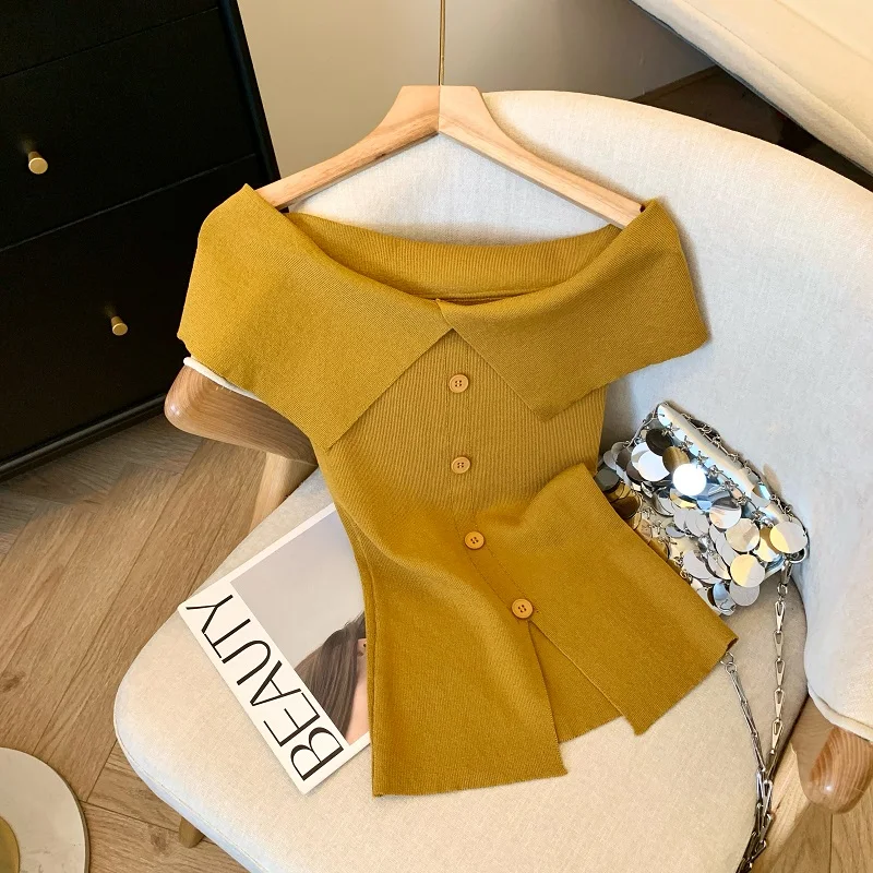 

Slim Fit Knitted One Shoulder Top Women's Summer New Style Single Button Turn-down Collar Fashionable Commute Silk Blend Shirt